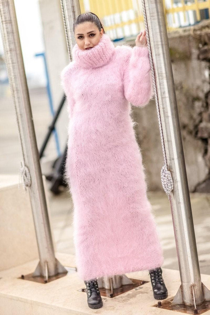 Hand Knit Pink Mohair Maxi Dress, Turtleneck Sweater Dress T418
