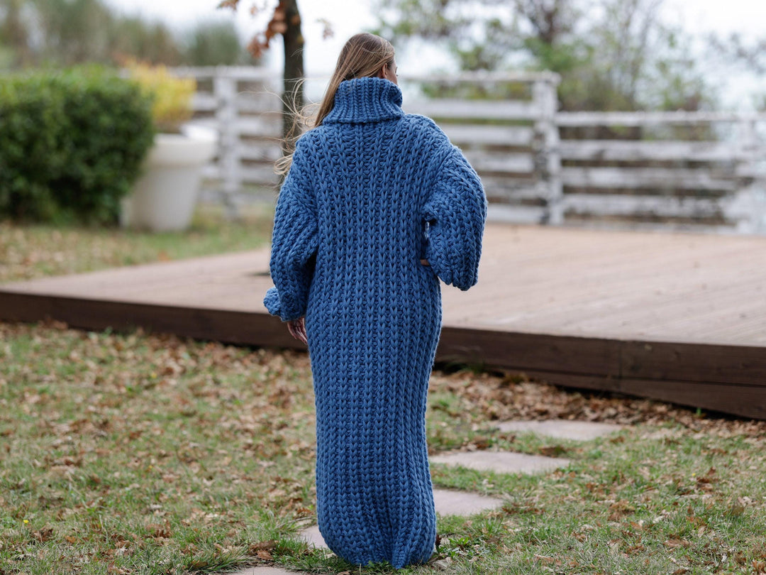 Extra Chunky Wool Sweater Dress, Hand Knitted English Rib Turtleneck Maxi Dress T1107