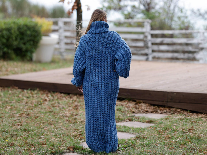 Extra Chunky Wool Sweater Dress, Hand Knitted English Rib Turtleneck Maxi Dress T1107