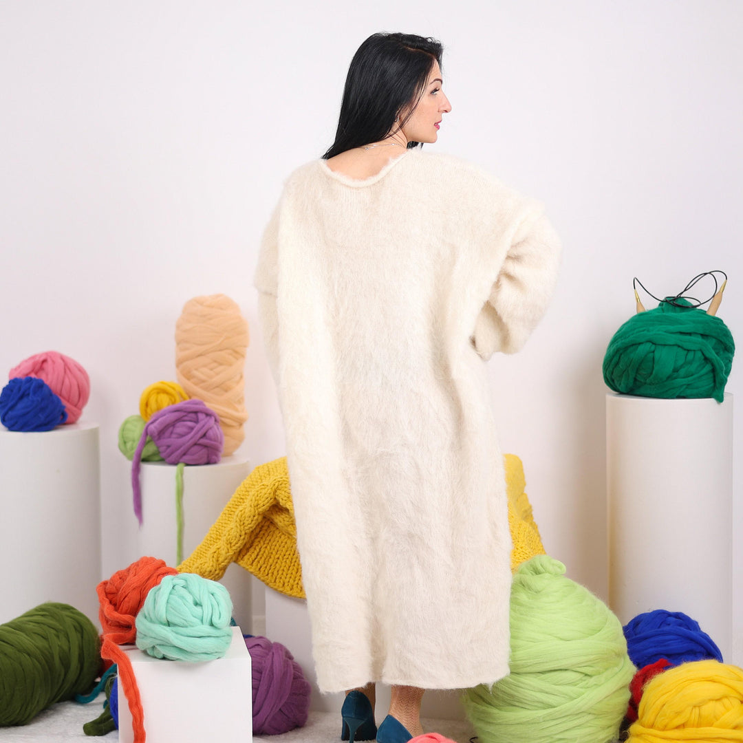 Extra Wide Cream Alpaca Dress, Hand Knitted Fluffy Fuzzy Sweater Maxi Dress T1610