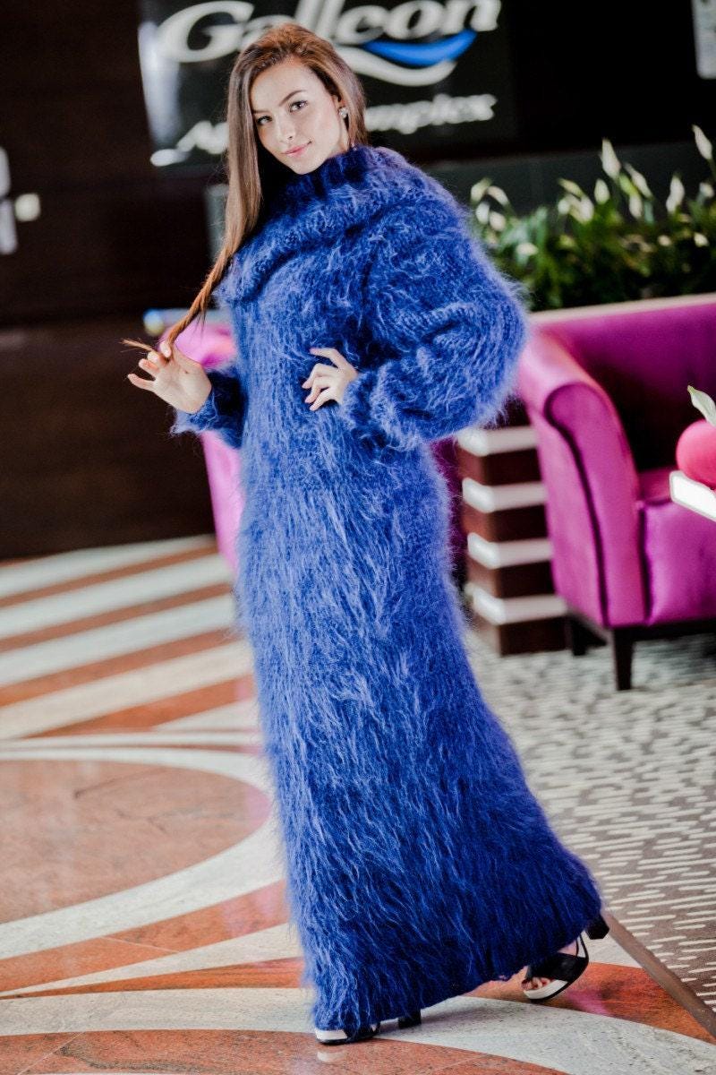 Hand Knit Blue Mohair Maxi Dress, Turtleneck Sweater T64