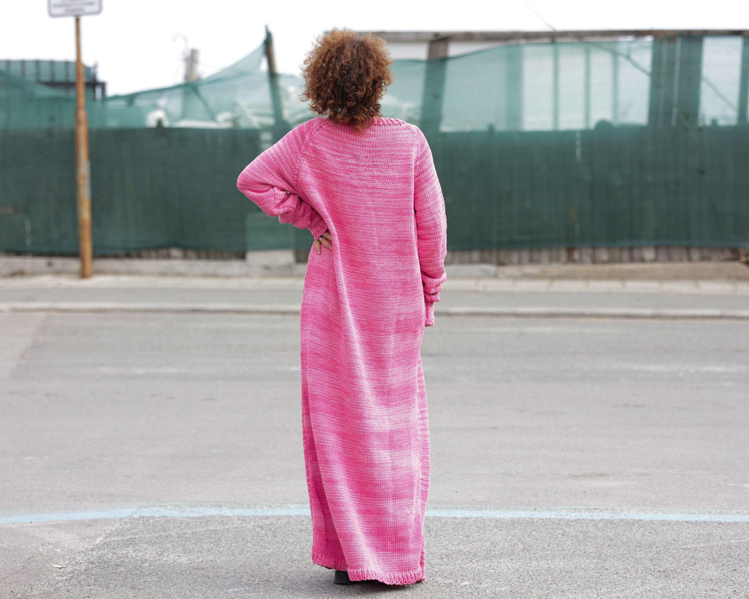 100% Cotton Hand Knitted Dress, Pink Melange Maxi Sleeping Bag Dress T1361