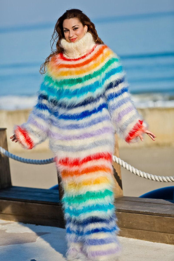 Rainbow Mohair Sweater Dress, Hand Knitted Fluffy Turtleneck Maxi Dress T184