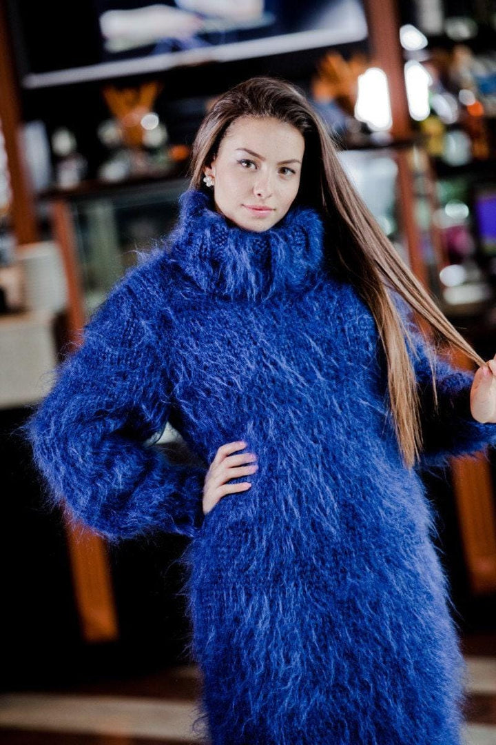 Hand Knit Blue Mohair Maxi Dress, Turtleneck Sweater T64
