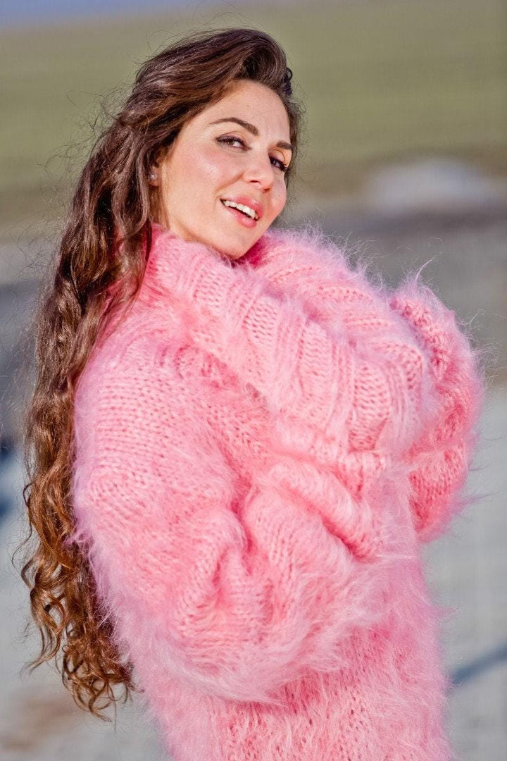 Hand Knitted Pink Mohair Turtleneck Maxi Dress T270