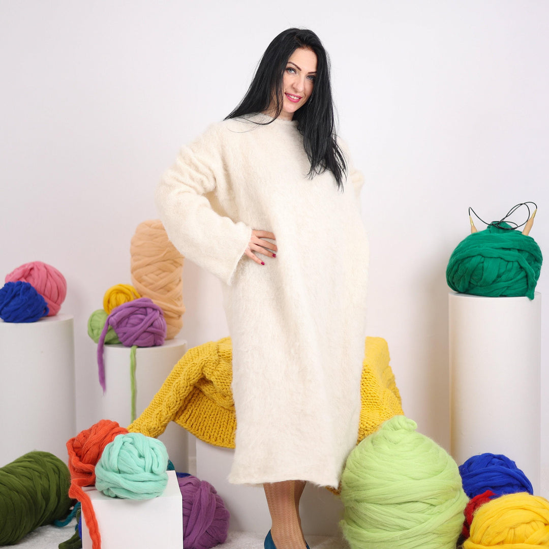 Extra Wide Cream Alpaca Dress, Hand Knitted Fluffy Fuzzy Sweater Maxi Dress T1610