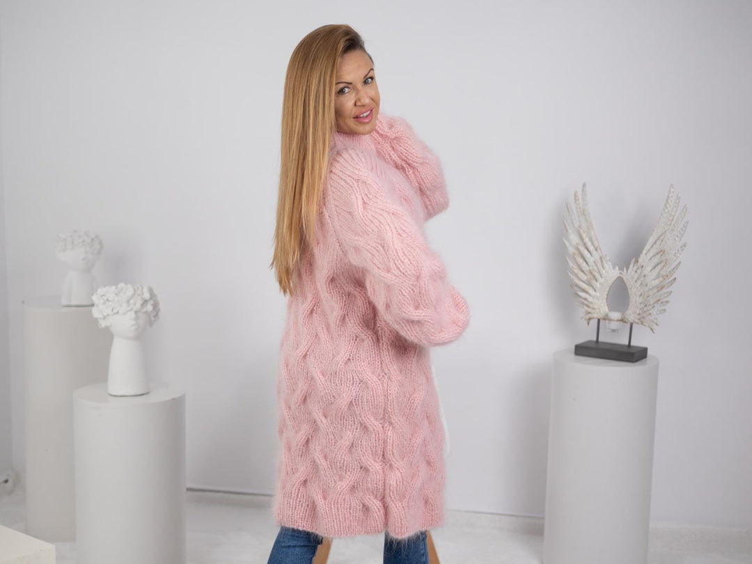 Pink Mohair Sweater Dress, Hand Knitted Chunky Fluffy Slouchy Jumper T1749