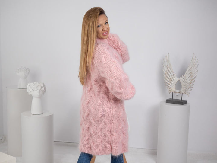 Pink Mohair Sweater Dress, Hand Knitted Chunky Fluffy Slouchy Jumper T1749