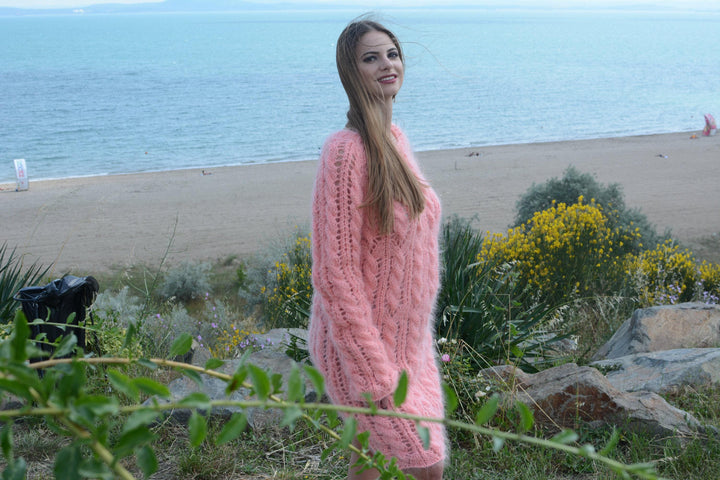Coral Mohair Sweater Dress, Hand Knitted Cable Knit Fuzzy Lace Dress T797