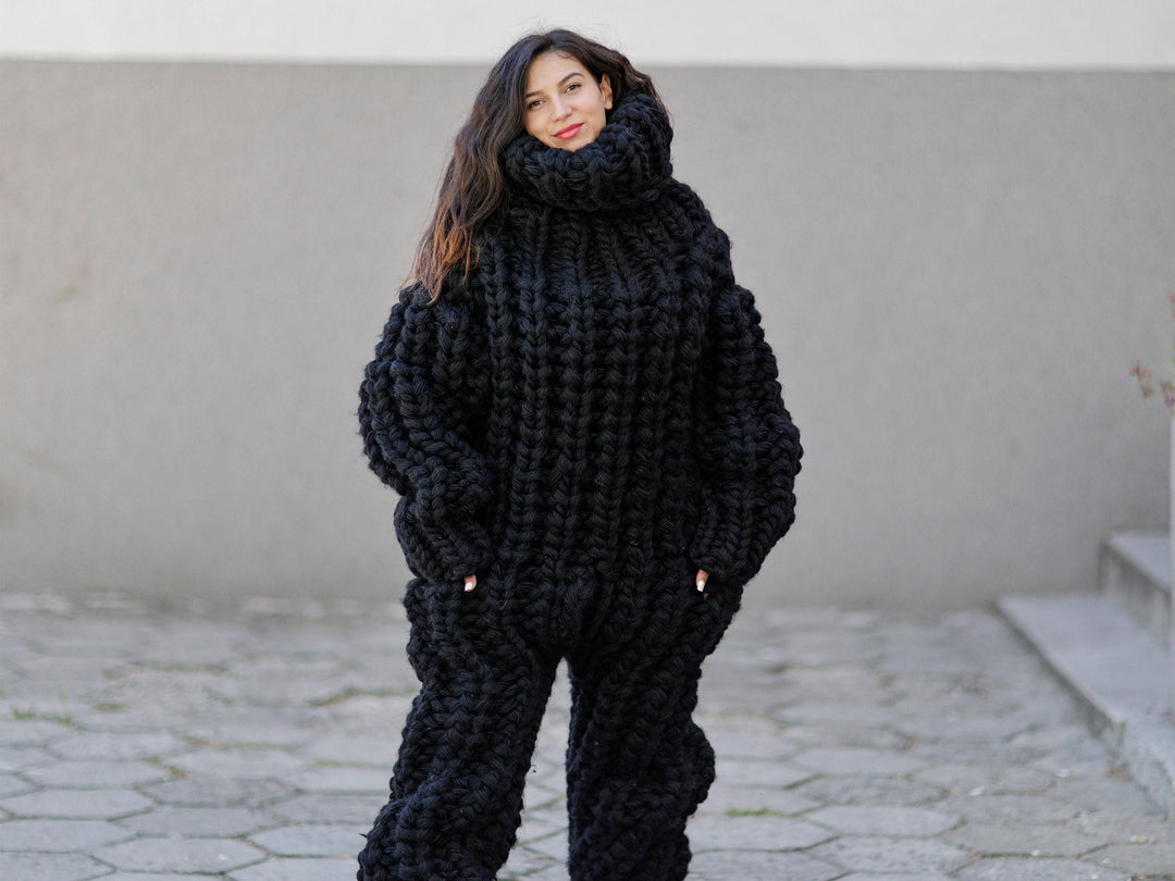 Wool Catsuit – 16-Strand Hand-Knitted Chunky 100% Wool Bodysuit with Turtleneck in English Rib – T1054