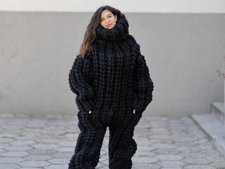 Wool Catsuit – 16-Strand Hand-Knitted Chunky 100% Wool Bodysuit with Turtleneck in English Rib – T1054