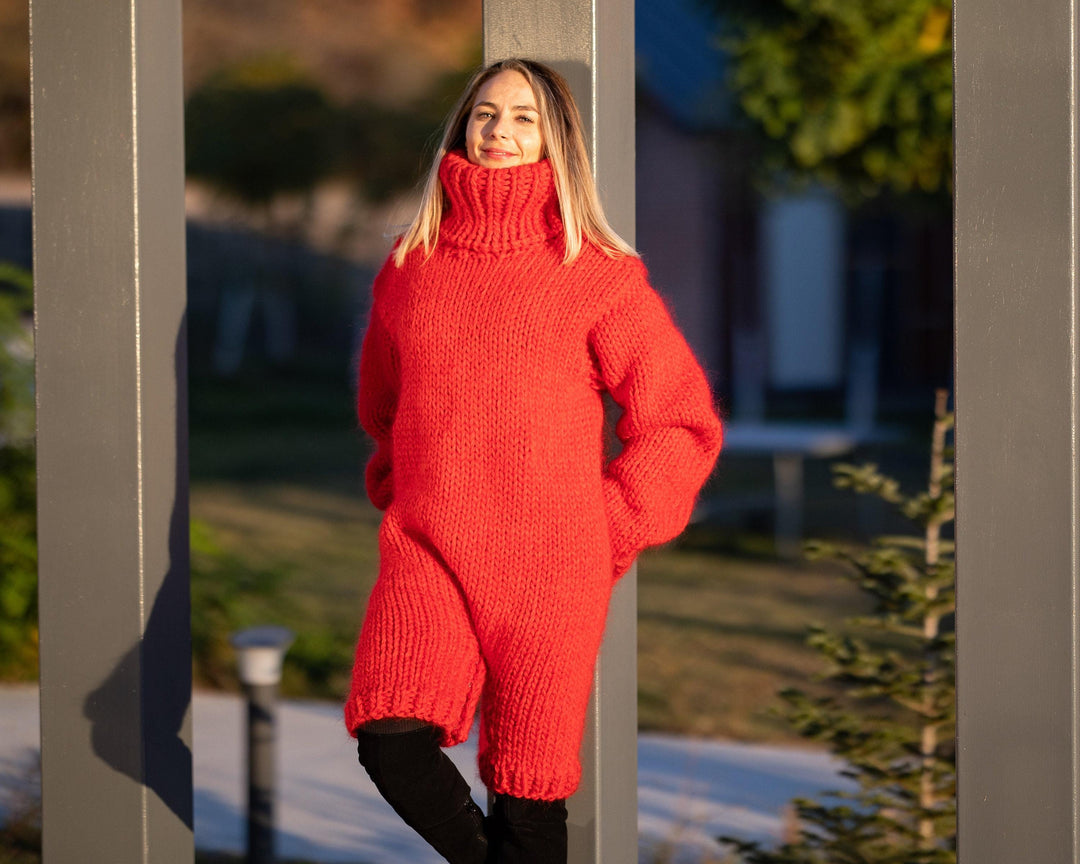 Red Wool and Mohair Catsuit – Hand-Knitted Short-Leg Romper – Soft Fluffy One-Piece Suit – T1305