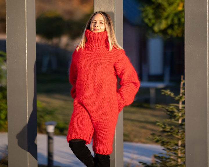 Red Wool and Mohair Catsuit – Hand-Knitted Short-Leg Romper – Soft Fluffy One-Piece Suit – T1305