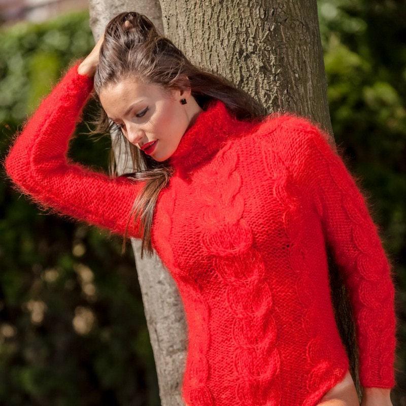 Red Mohair Catsuit – Hand-Knitted Fluffy Cable Knit Bodysuit with Turtleneck – Chunky Winter Romper – T369