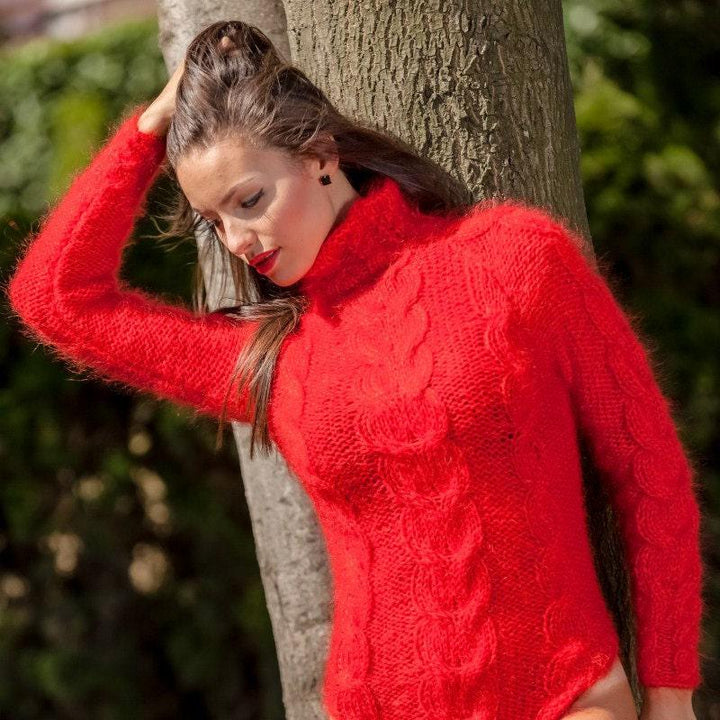 Red Mohair Catsuit – Hand-Knitted Fluffy Cable Knit Bodysuit with Turtleneck – Chunky Winter Romper – T369