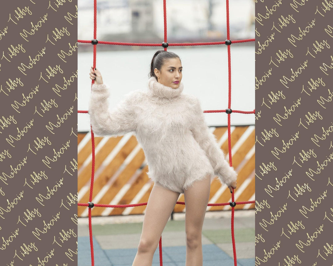 Beige Mohair Bodysuit – Hand-Knitted Fluffy Winter Romper Sweater – Soft One-Piece Knit – T468