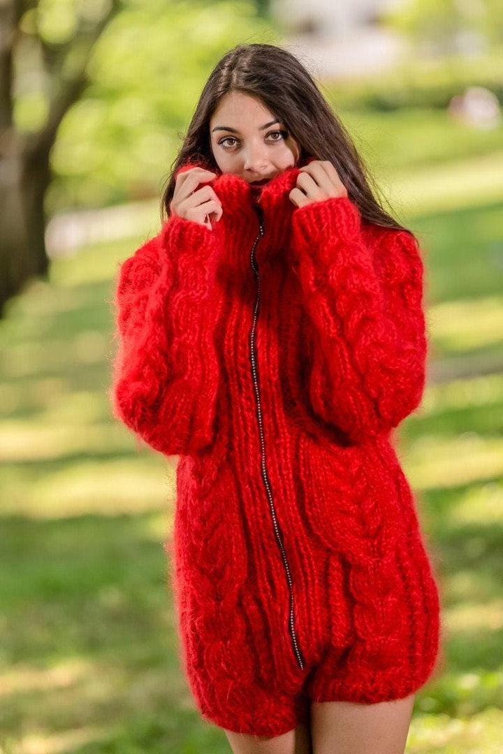 Red Mohair Catsuit – Chunky Hand-Knitted Fluffy Bodysuit with Zipper – Warm Winter Romper – T345