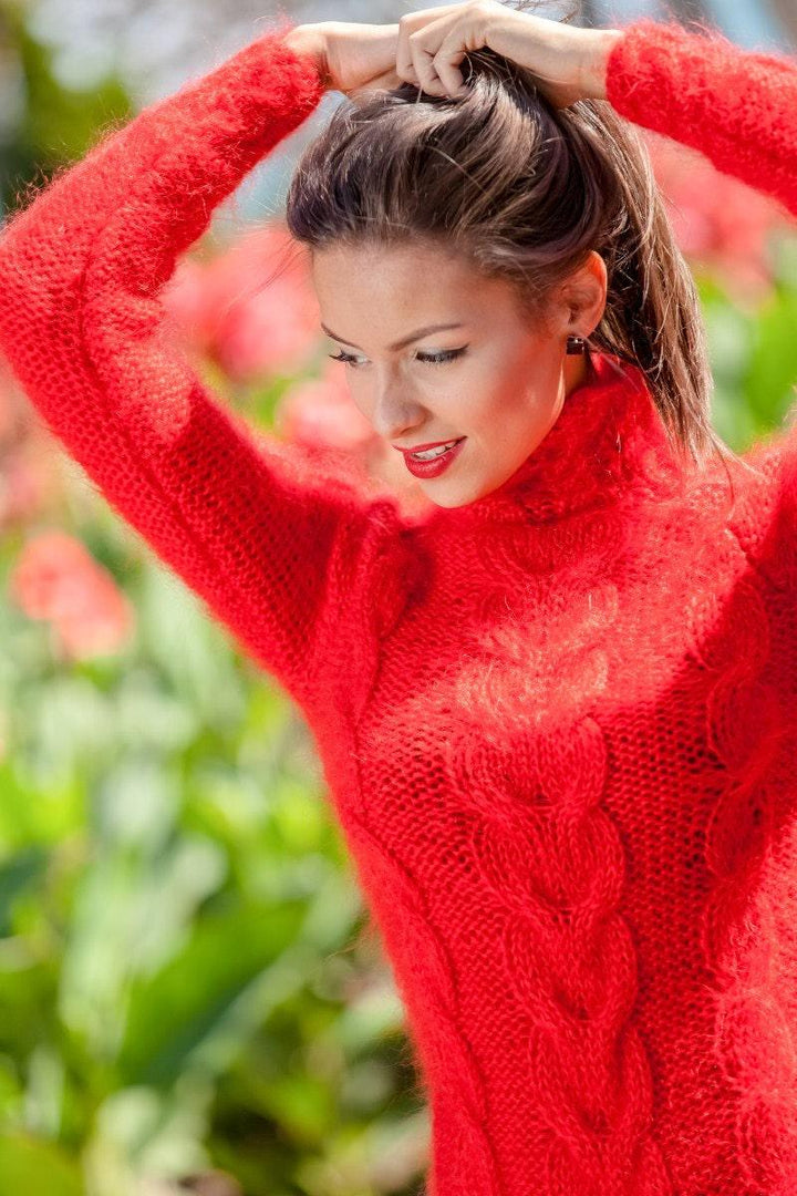 Red Mohair Catsuit – Hand-Knitted Fluffy Cable Knit Bodysuit with Turtleneck – Chunky Winter Romper – T369