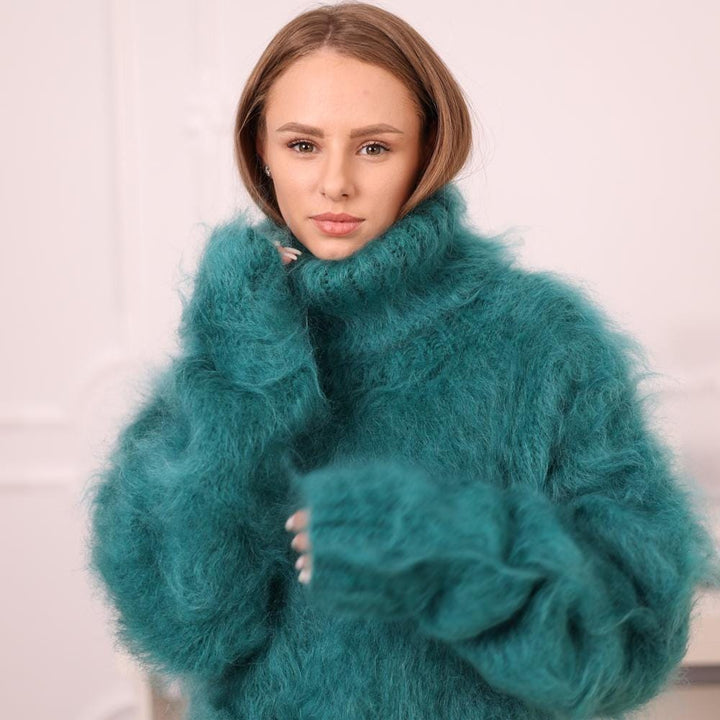 Teal Mohair Bodysuit – Hand-Knitted Hairy Fluffy Brushed Knitwear – Soft Full Body Suit – T1981