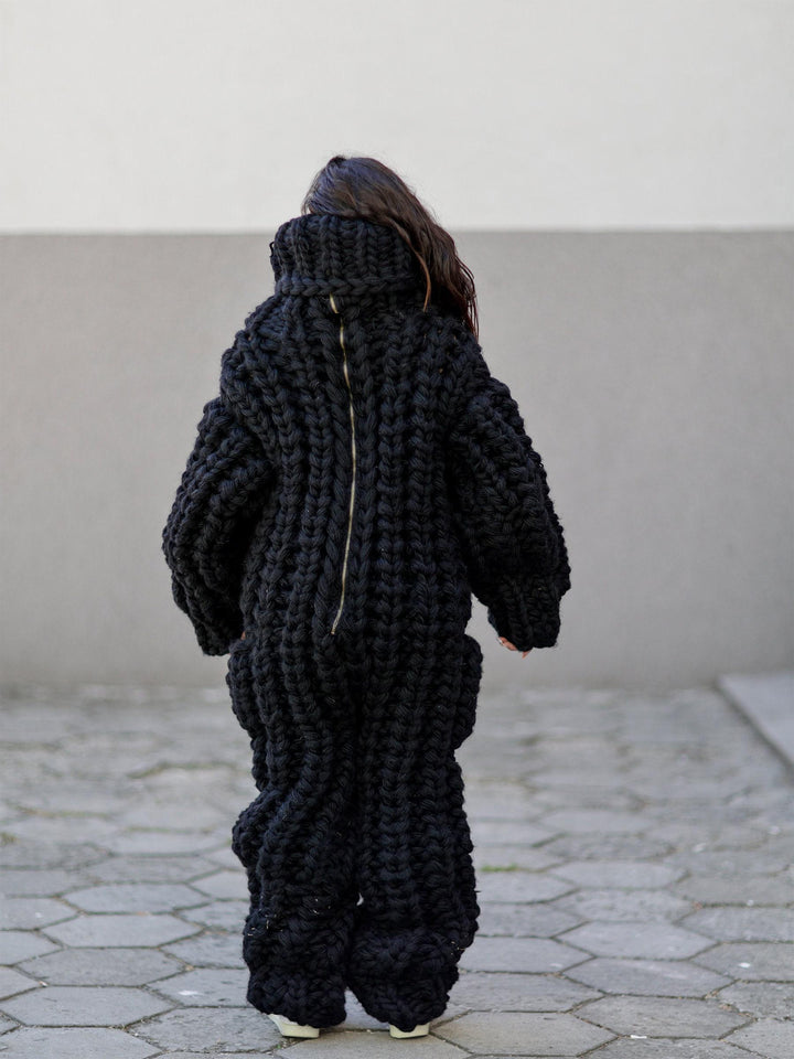 Wool Catsuit – 16-Strand Hand-Knitted Chunky 100% Wool Bodysuit with Turtleneck in English Rib – T1054