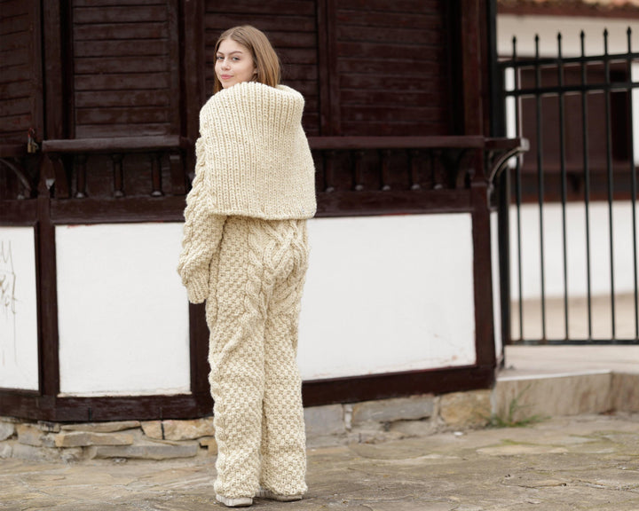 Wool Catsuit – Hand-Knitted 100% Wool Cable Knit Full Body Overall – Chunky Natural Suit – T1376