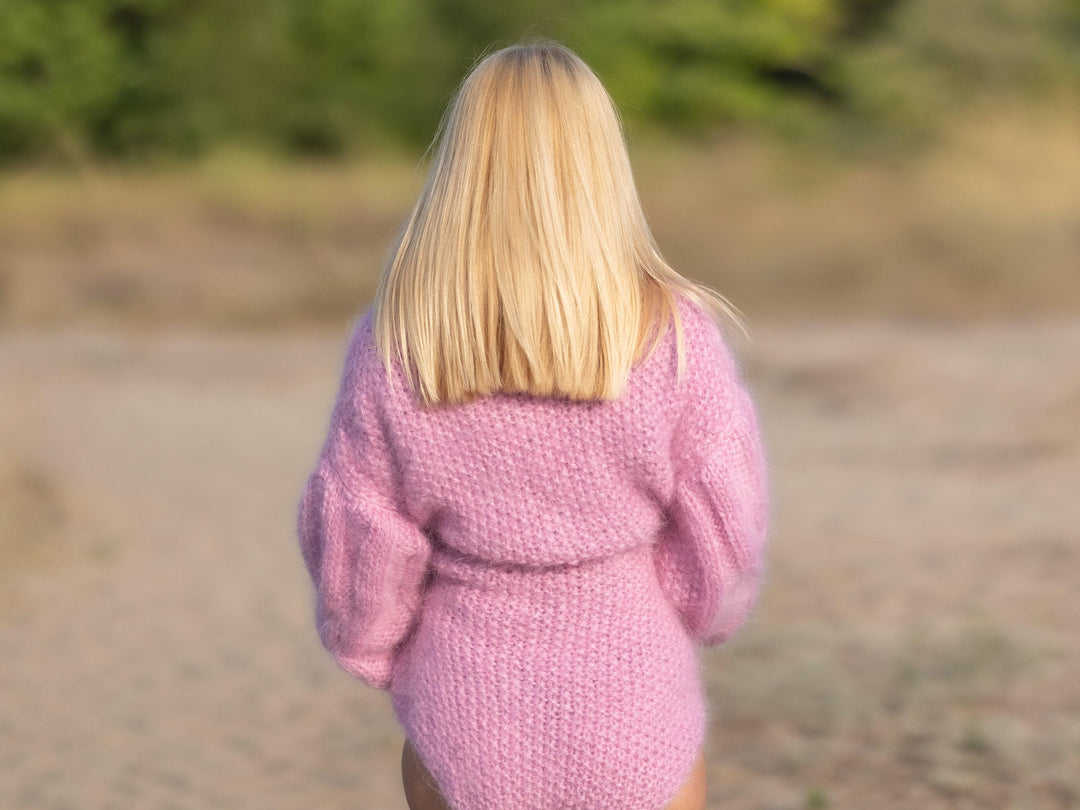 Pink Mohair Catsuit – Hand-Knitted Cable Knit Bodysuit with Cables – Fluffy One-Piece Suit – T1232
