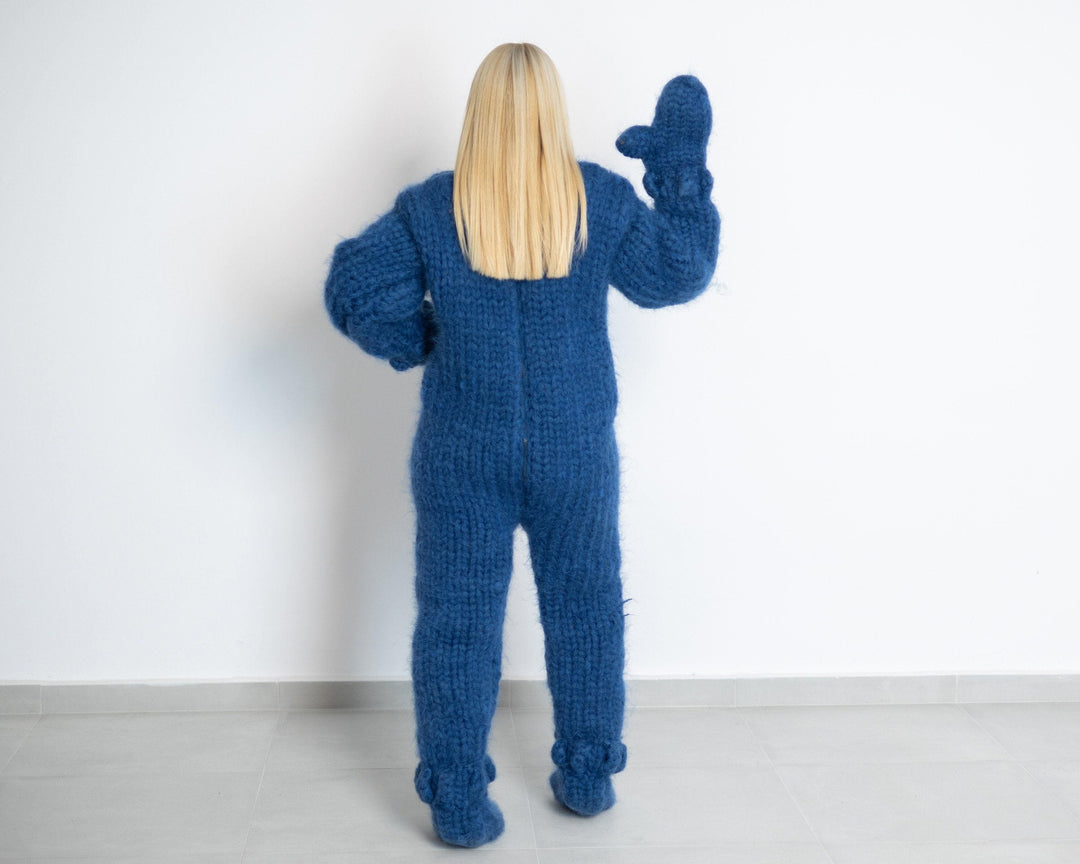 Hand Knit Mohair Catsuit: Blue Fuzzy Jumpsuit with Mittens & Socks T1514