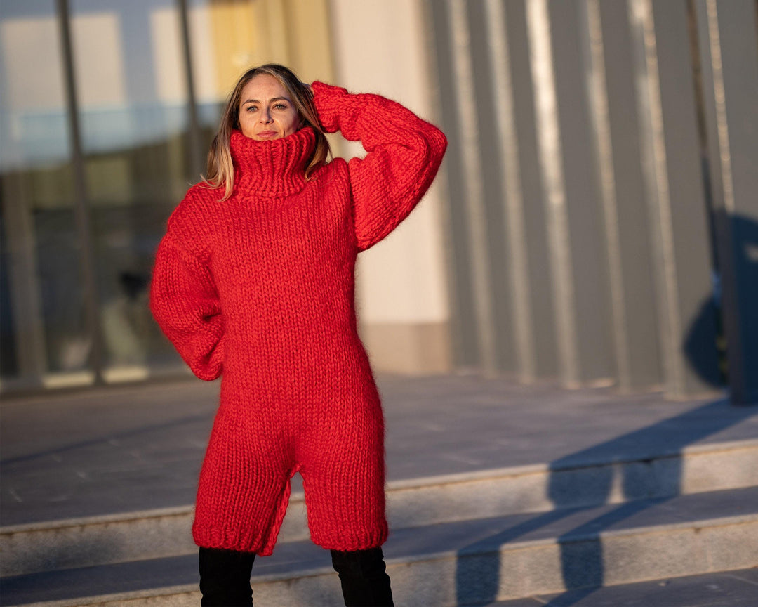 Red Wool and Mohair Catsuit – Hand-Knitted Short-Leg Romper – Soft Fluffy One-Piece Suit – T1305