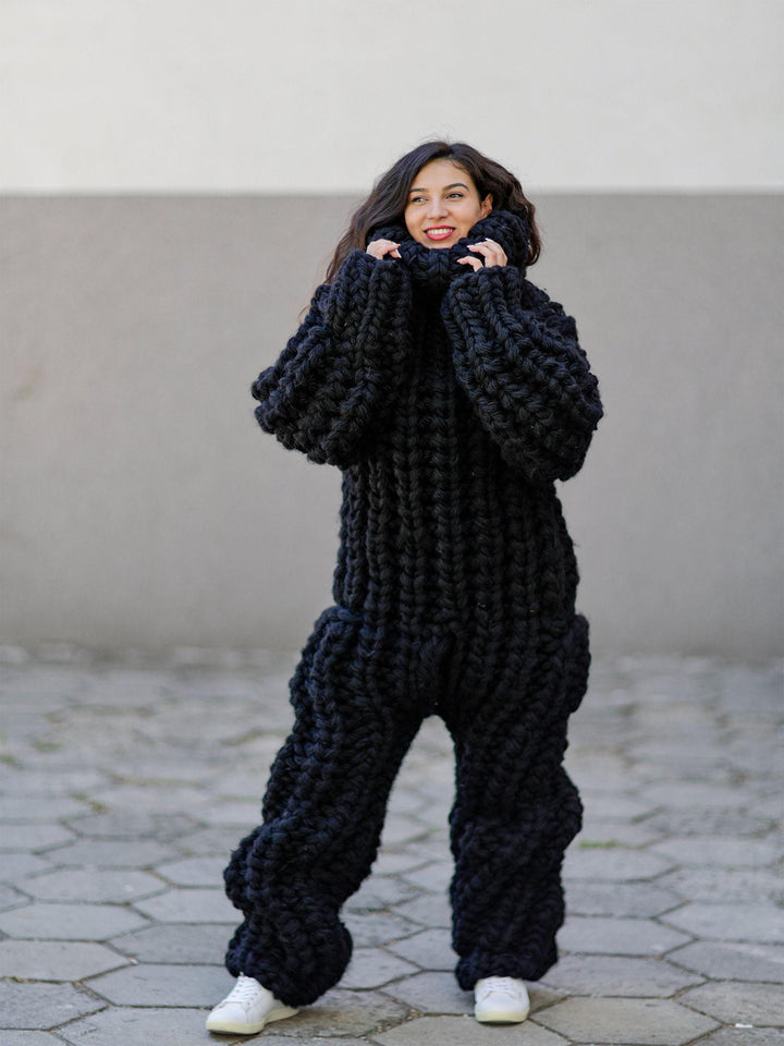Wool Catsuit – 16-Strand Hand-Knitted Chunky 100% Wool Bodysuit with Turtleneck in English Rib – T1054