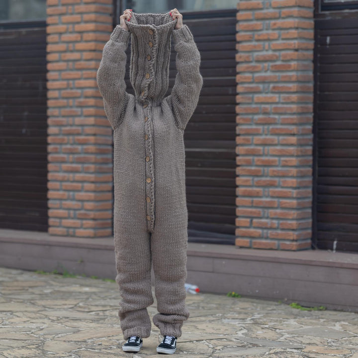 Wool Catsuit – Cozy Hand-Knitted Full Body Jumpsuit with 55 cm Extra Long Turtleneck   T1870