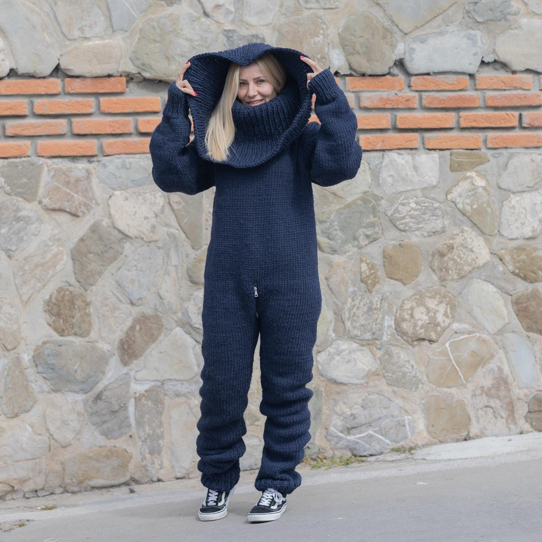 Blue Wool Catsuit – Hand-Knitted Full Body Suit with Long 70 cm Cowl Neck T1871