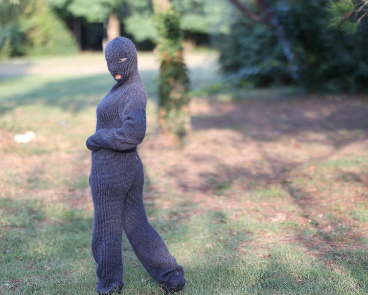 Gray Mohair Catsuit – Hand-Knitted Fluffy Full Body Suit with Balaclava, Mittens and Socks T1472