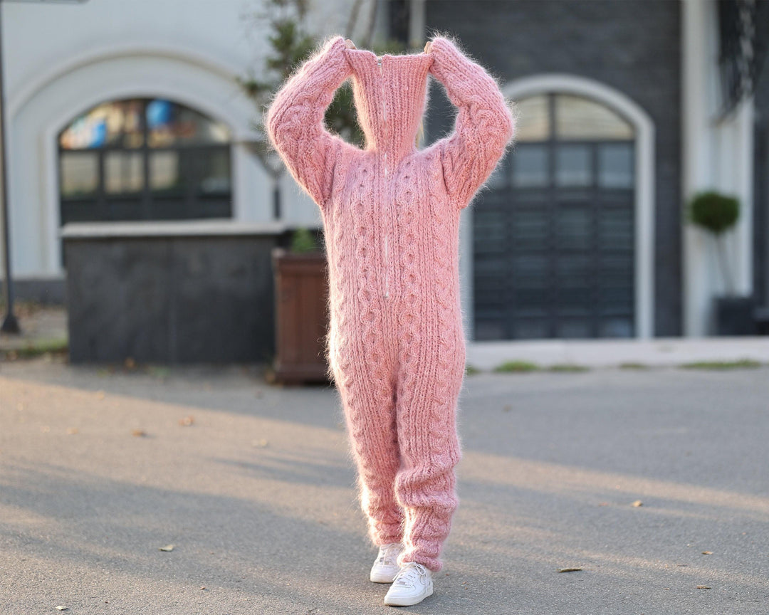 Pink Melange Mohair and Alpaca Catsuit – Hand-Knitted 16-Strand Fluffy Full Body Suit T1453