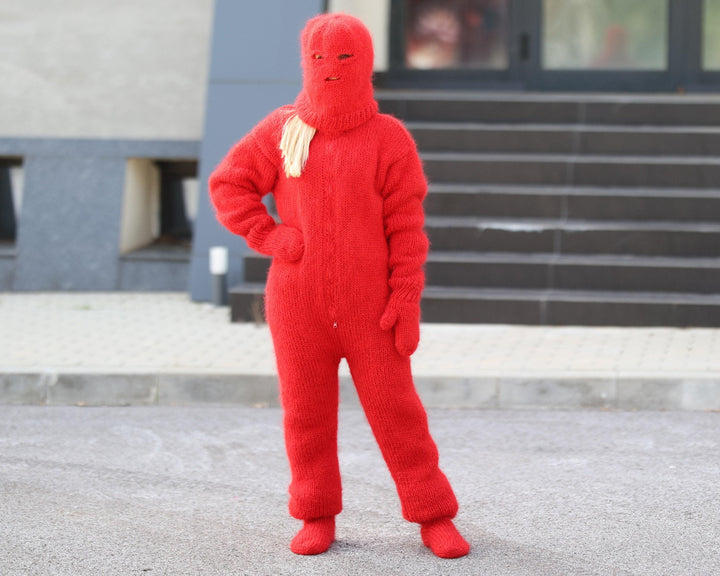 Red Mohair Catsuit – Fluffy Hand-Knitted Full Set with Balaclava, Mittens and Socks T1494