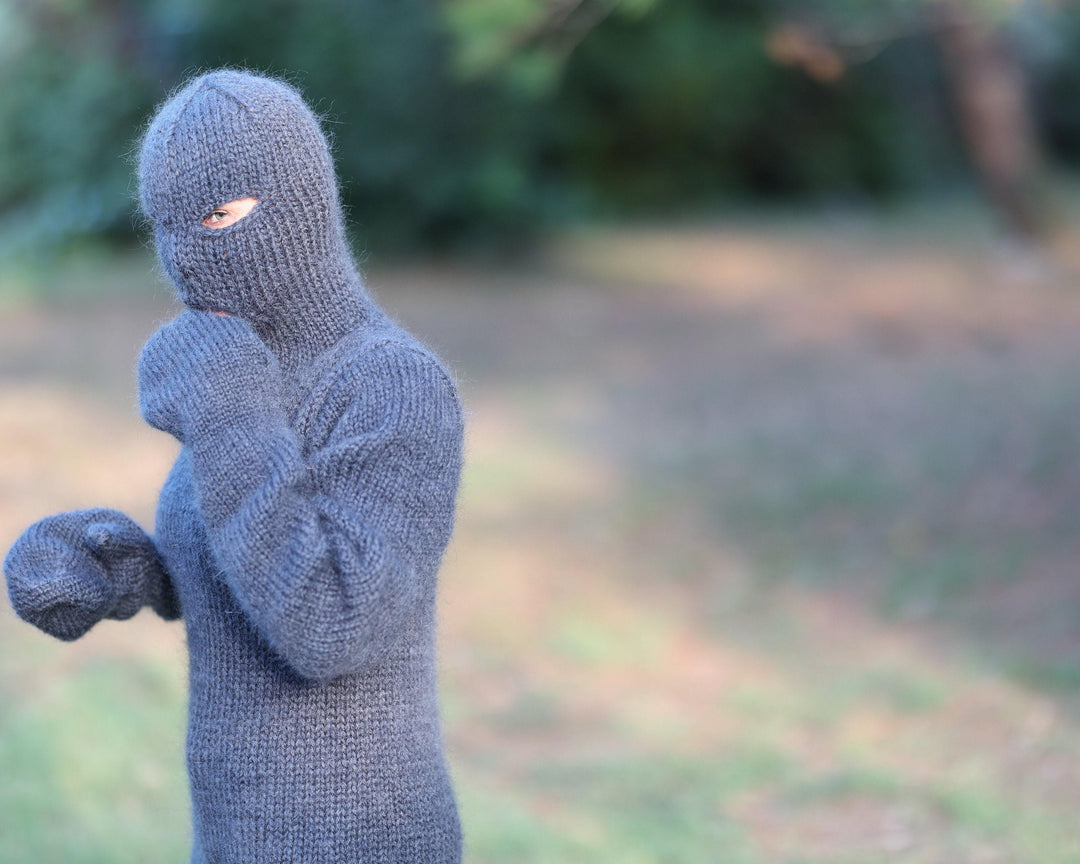 Gray Mohair Catsuit – Hand-Knitted Fluffy Full Body Suit with Balaclava, Mittens and Socks T1472