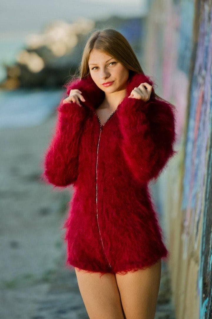 Red Mohair Catsuit – Hand-Knitted Fluffy Bodysuit with Zipper – Chunky Mohair One-Piece – T148