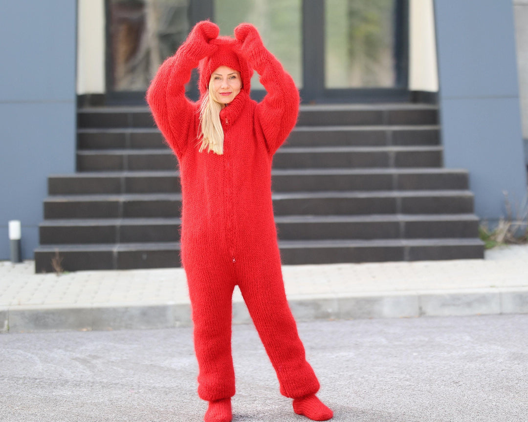 Red Mohair Catsuit – Fluffy Hand-Knitted Full Set with Balaclava, Mittens and Socks T1494