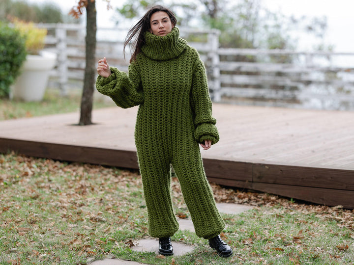 Wool Catsuit 100% – Hand-Knitted English Rib Bodysuit with Extra Long Turtleneck 1146