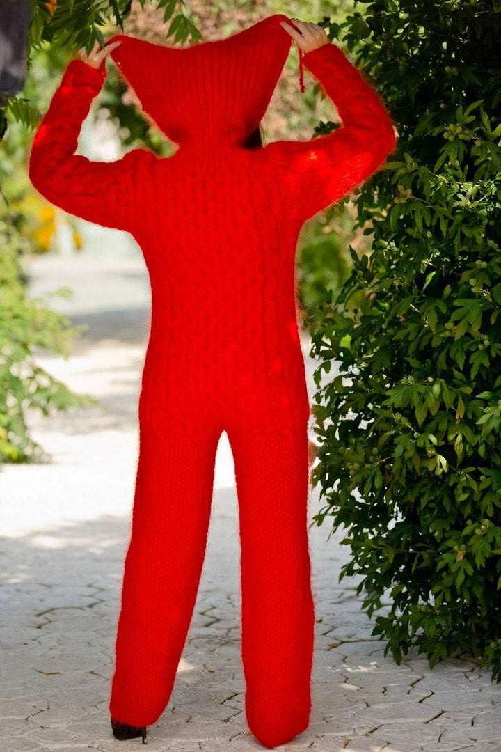 Red Mohair Catsuit – Hand-Knitted Cable Knit Jumpsuit – Chunky Fluffy One-Piece – T127