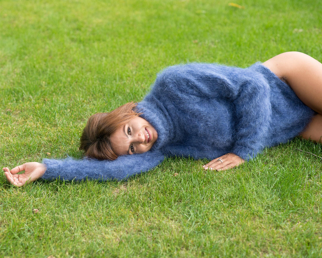 Denim Blue Mohair Bodysuit – Hand-Knitted Fluffy Full Body Suit with Extra Long Turtleneck – T827