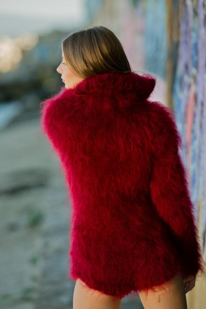 Red Mohair Catsuit – Hand-Knitted Fluffy Bodysuit with Zipper – Chunky Mohair One-Piece – T148