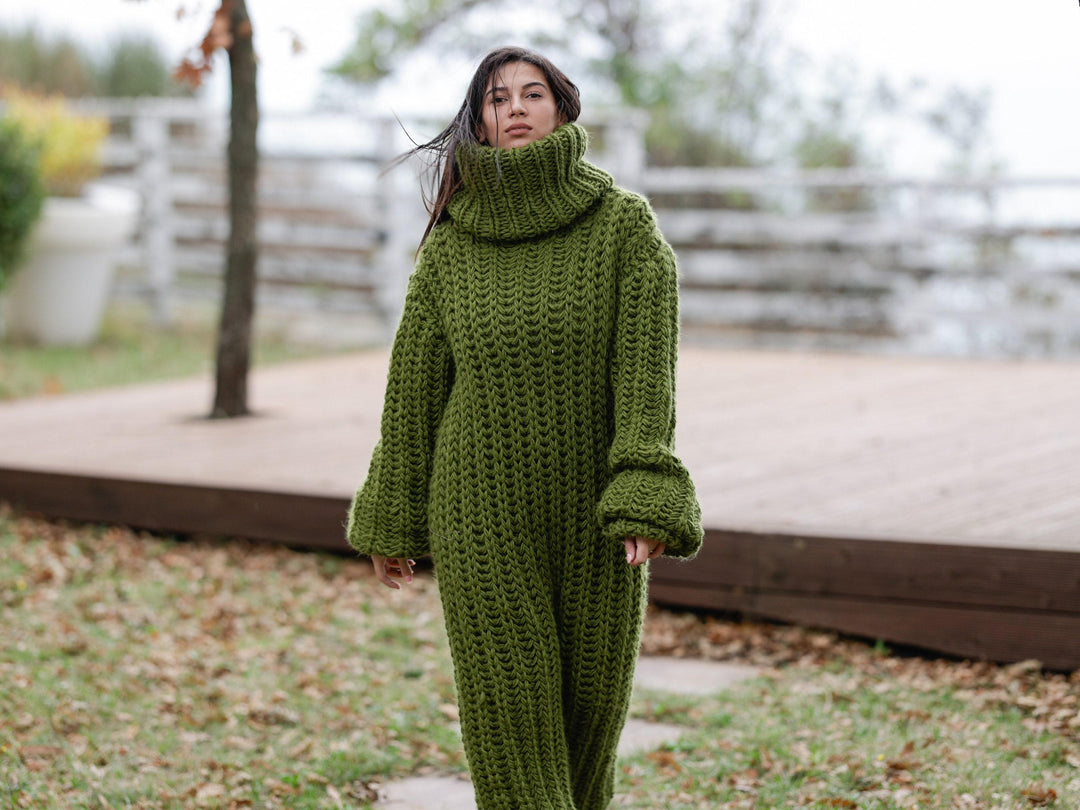Wool Catsuit 100% – Hand-Knitted English Rib Bodysuit with Extra Long Turtleneck 1146