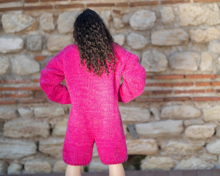 Pink Wool and Mohair Catsuit – Hand-Knitted Soft Short-Leg Bodysuit – Fluffy One-Piece Knit – T1414