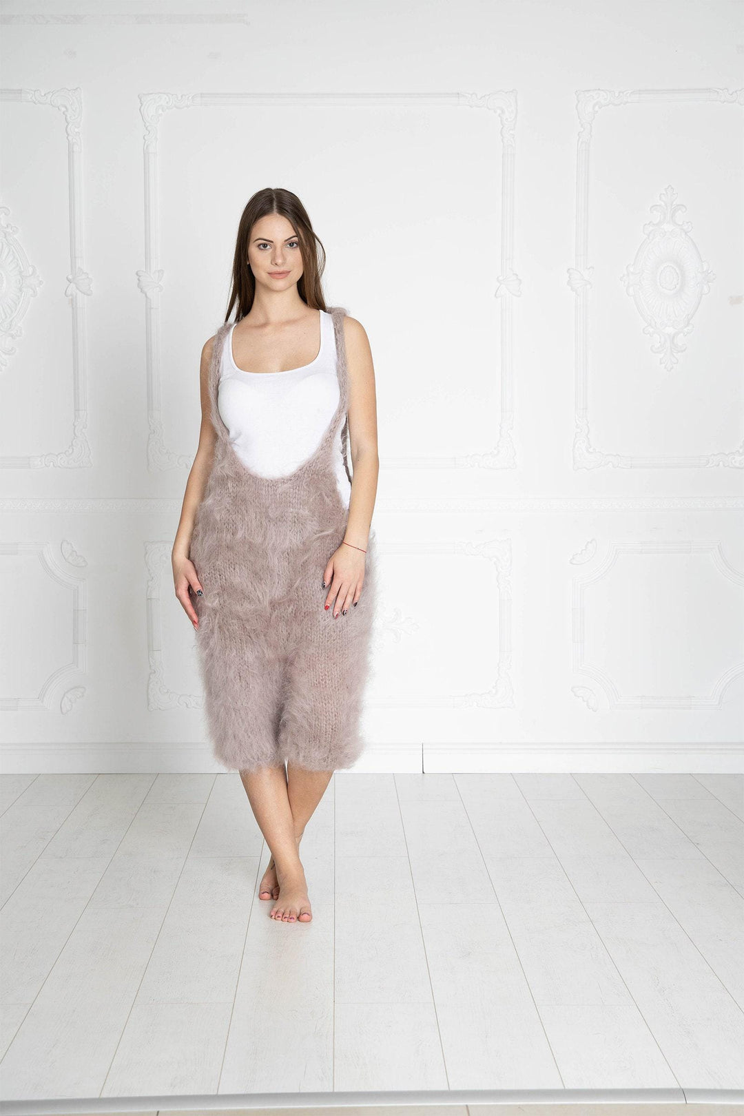 Beige Mohair Catsuit – Hand-Knitted Fluffy Wrestling Bodysuit – Soft One-Piece Knit – T653