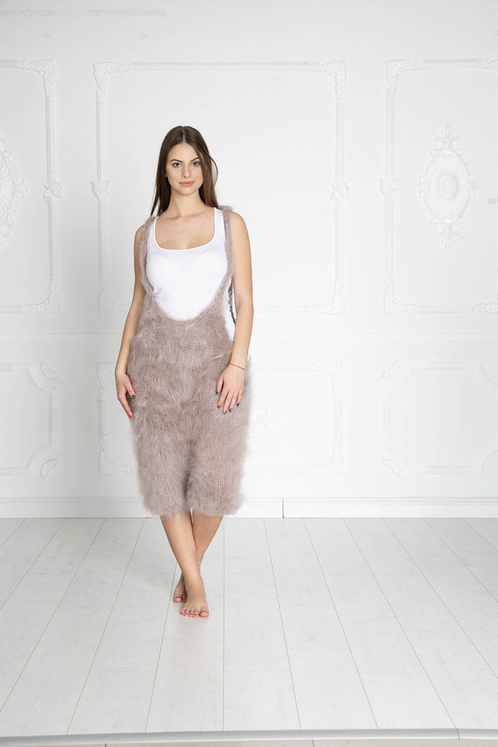 Beige Mohair Catsuit – Hand-Knitted Fluffy Wrestling Bodysuit – Soft One-Piece Knit – T653