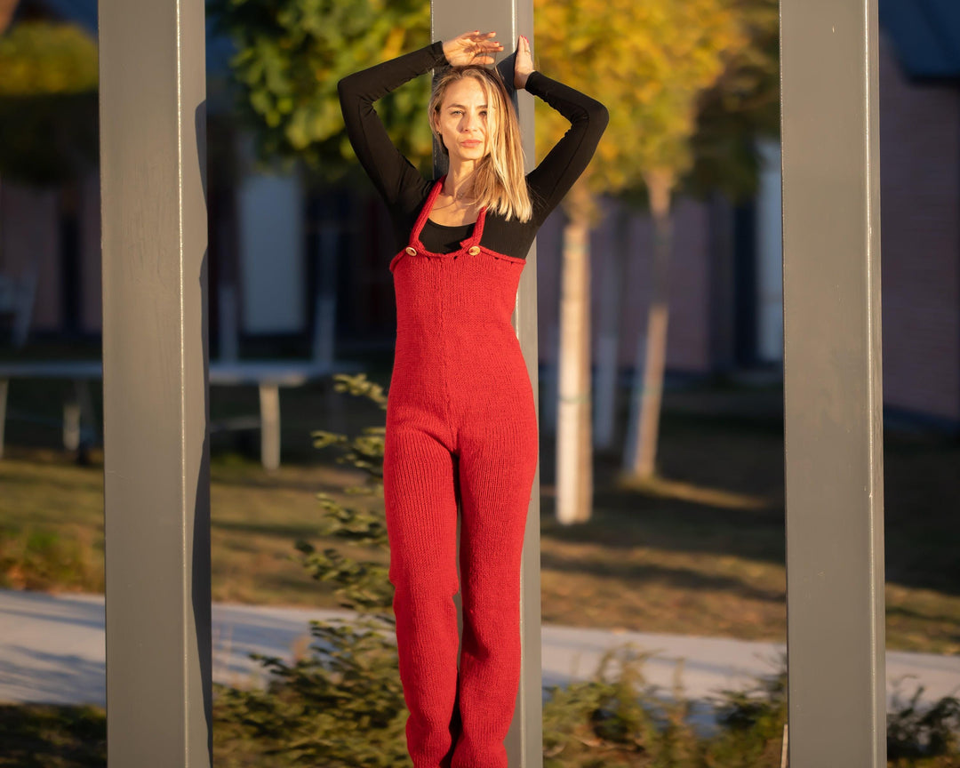 Red Wool Catsuit – Hand-Knitted 100% Wool Full Body Overall – Chunky Natural Knit Suit – T1308