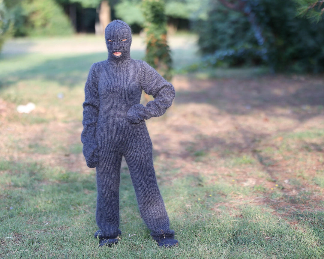 Gray Mohair Catsuit – Hand-Knitted Fluffy Full Body Suit with Balaclava, Mittens and Socks T1472