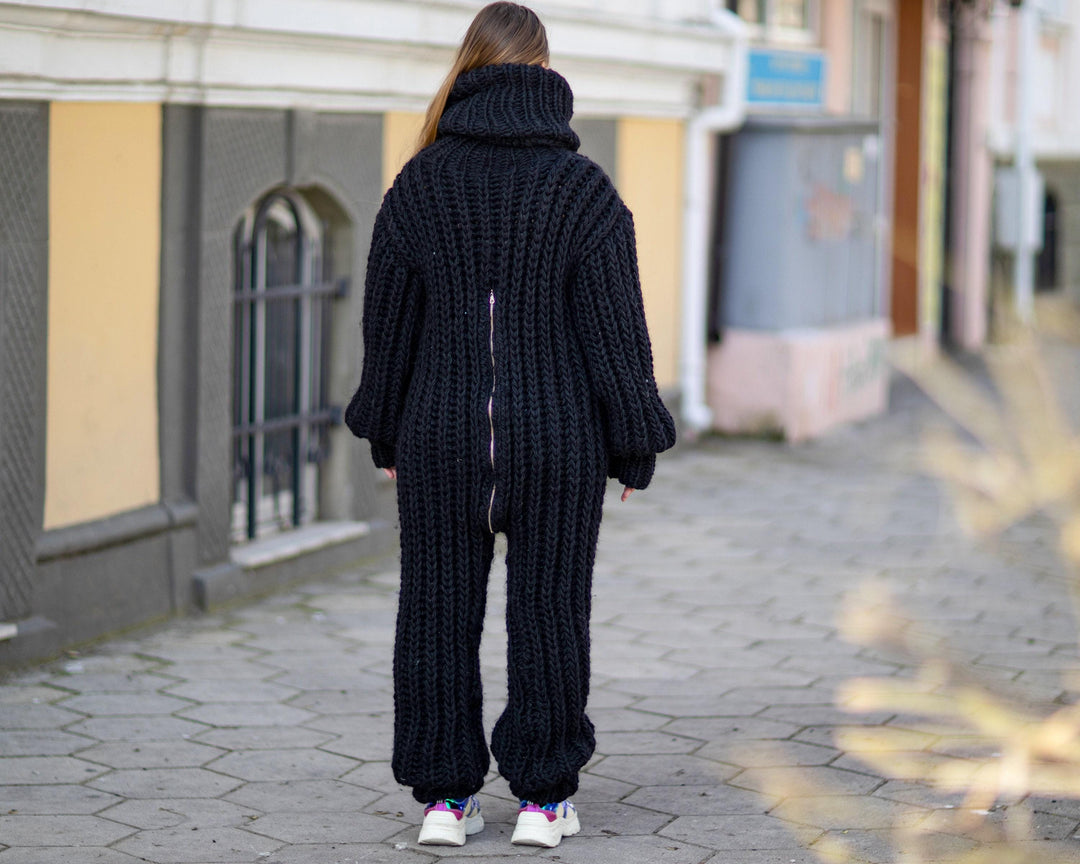Wool Catsuit 100% – Hand-Knitted English Rib Full Body Suit with Extra Long Turtleneck – T1020