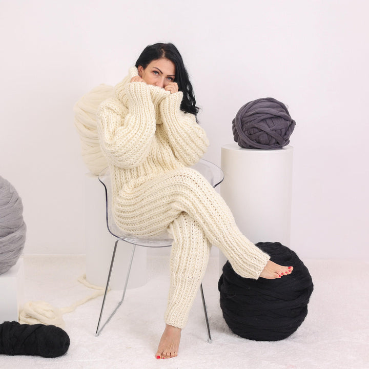 Wool Catsuit – Hand-Knitted 100% Wool Full Body Suit with Extra Long Turtleneck T1622