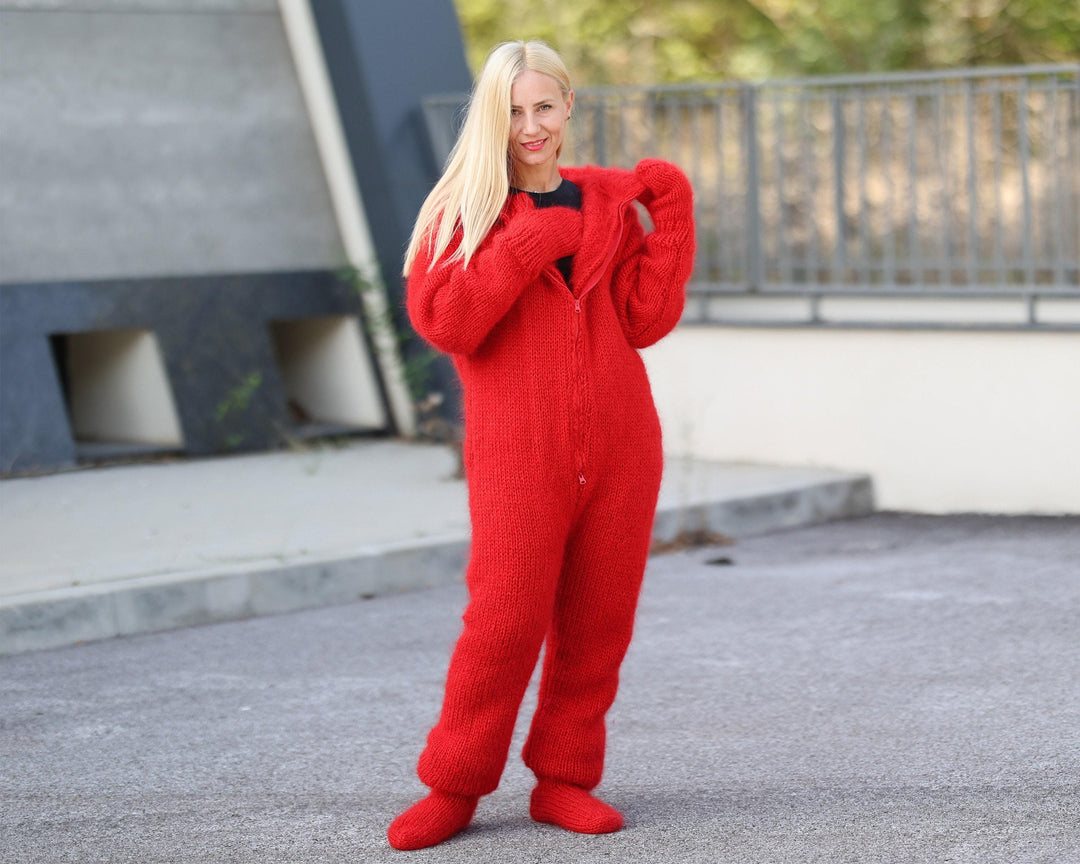 Red Mohair Catsuit – Fluffy Hand-Knitted Full Set with Balaclava, Mittens and Socks T1494